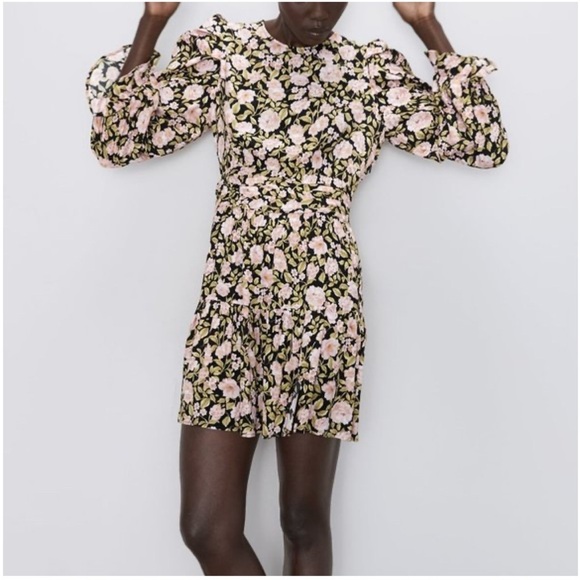 Zara Dresses & Skirts - ZARA NWOT Puff Sleeves Floral Print Mini Dress Open Back, Size L